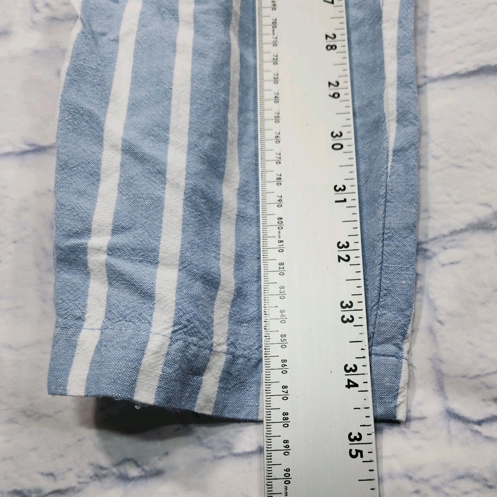 Loft WOMENS SIZE S Paperbag Taper Pants Blue White Stripe Linen Blend Belted - Picture 2 of 10